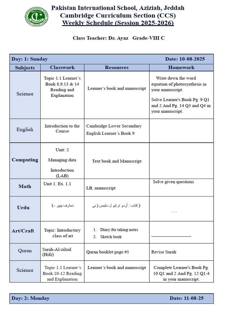 Weekly Schedule for Grade VIII C - 2025-26 | PDF