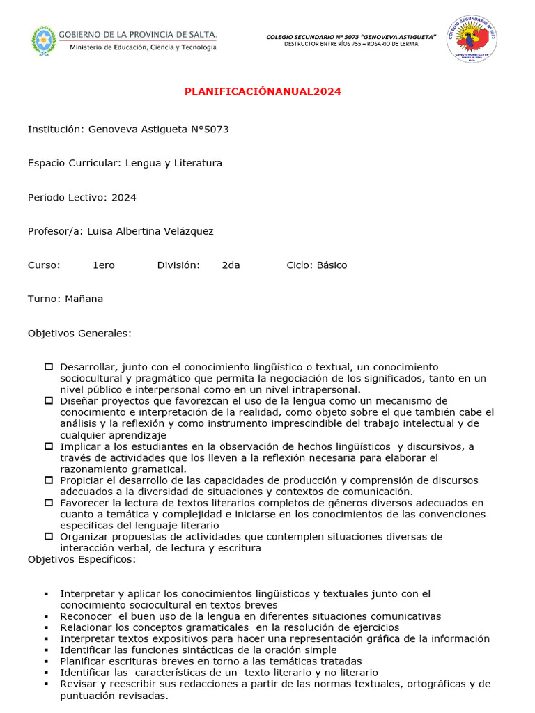 5073primer Año Planificación Pedagógica 2024 | PDF | Verbo | Aprendizaje