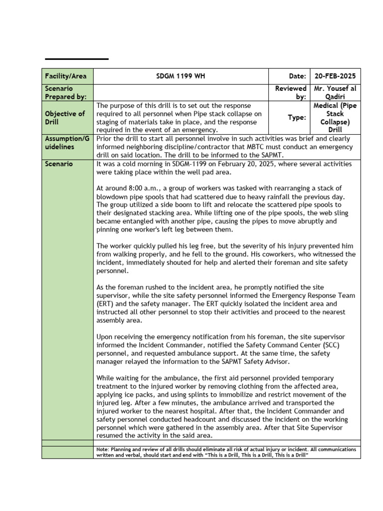 Pipe Stack Collapse Drill Overview | PDF | First Aid