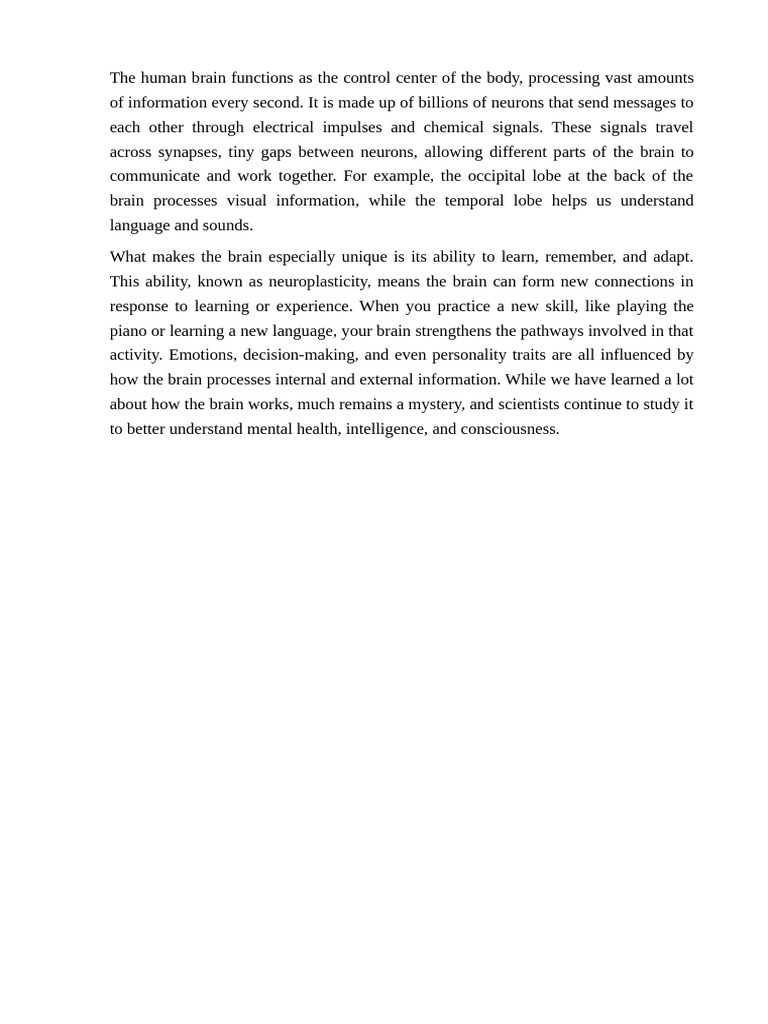 The Human Brain Functions As The Control Center of The Body | PDF