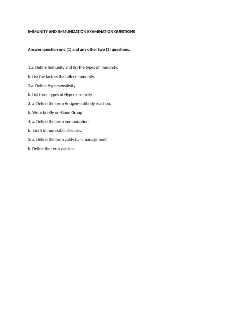 Immunity and Immunization Exam Questions | PDF