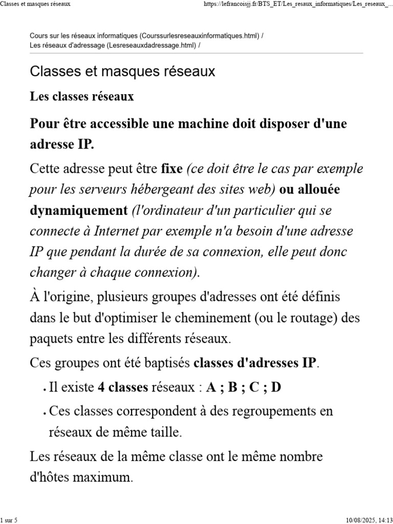 Classes et masques de réseaux IP | PDF | Adresse IP | Télécommunications