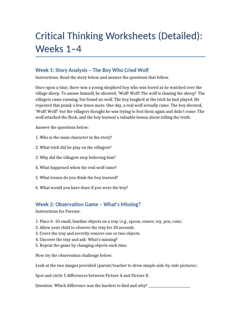 Critical Thinking Worksheets for Kids | PDF