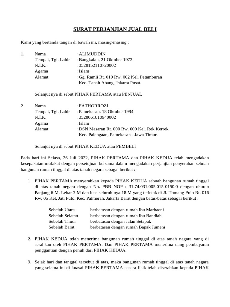 Surat Perjanjian Jual Beli Rumah | PDF