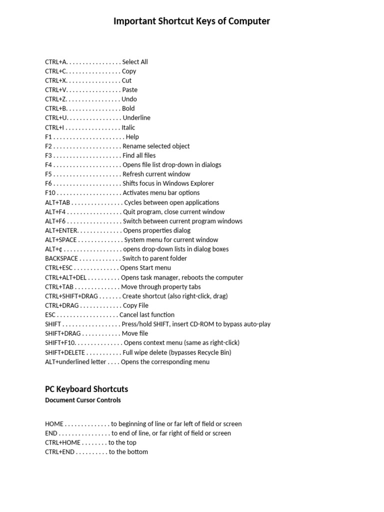 Important Shortcut Keys of Computer | PDF | Computing | Computing Platforms