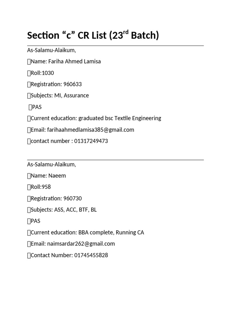 CR List for 23rd Batch Students | PDF