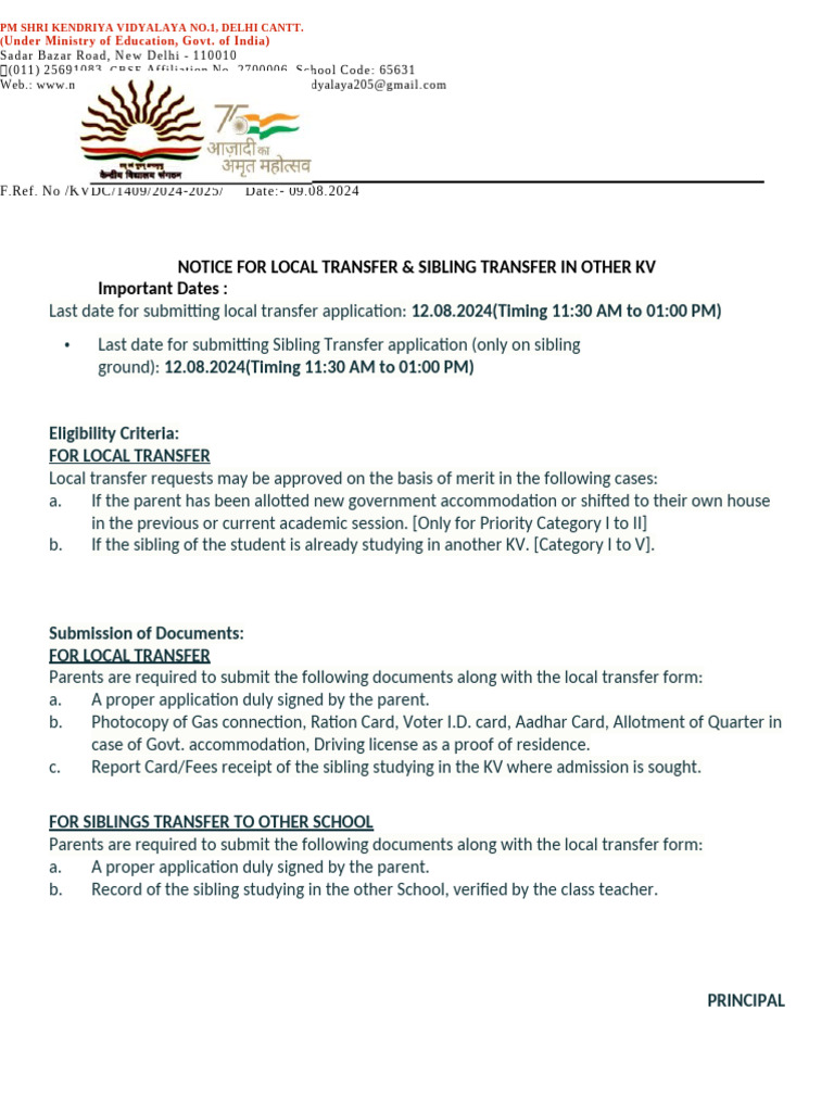 Local and Sibling Transfer Notice 2024 | PDF
