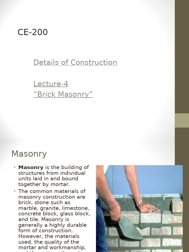 Brick Masonry Techniques and Materials | PDF | Masonry | Mortar (Masonry)