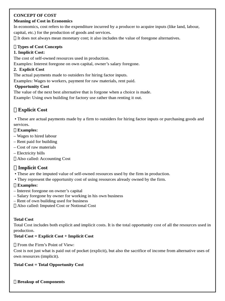 Class 11 Concept of Cost | PDF | Marginal Cost | Opportunity Cost