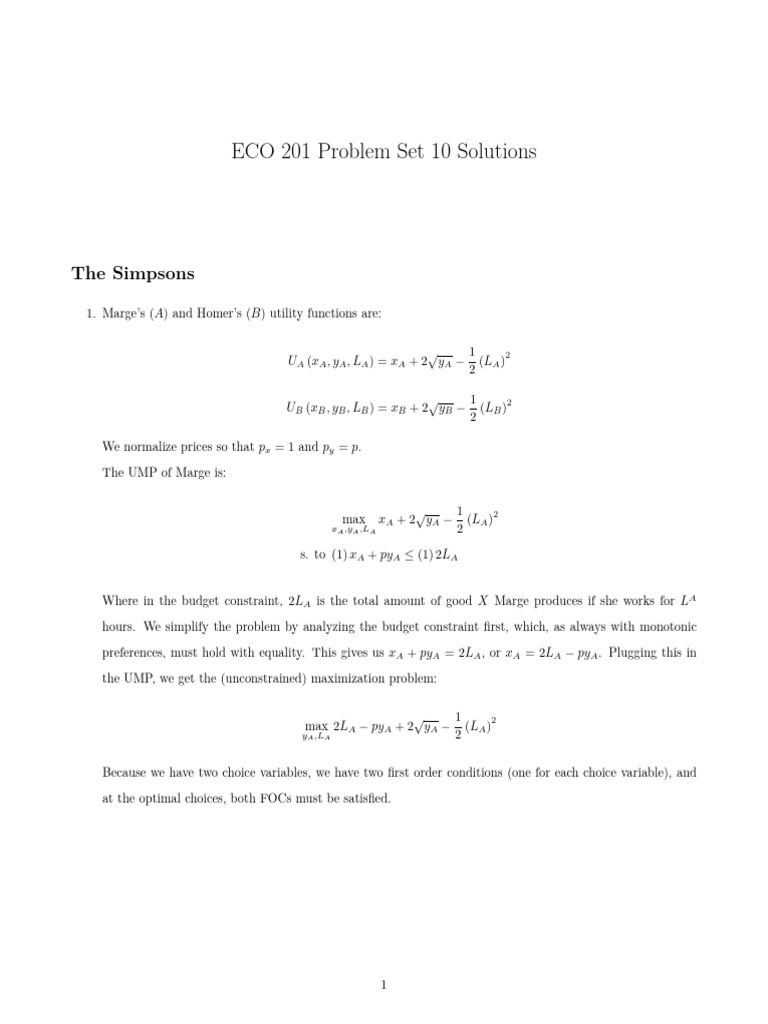 Solutions for ECO 201 Problem Set 10 | PDF | Economic Equilibrium | Demand