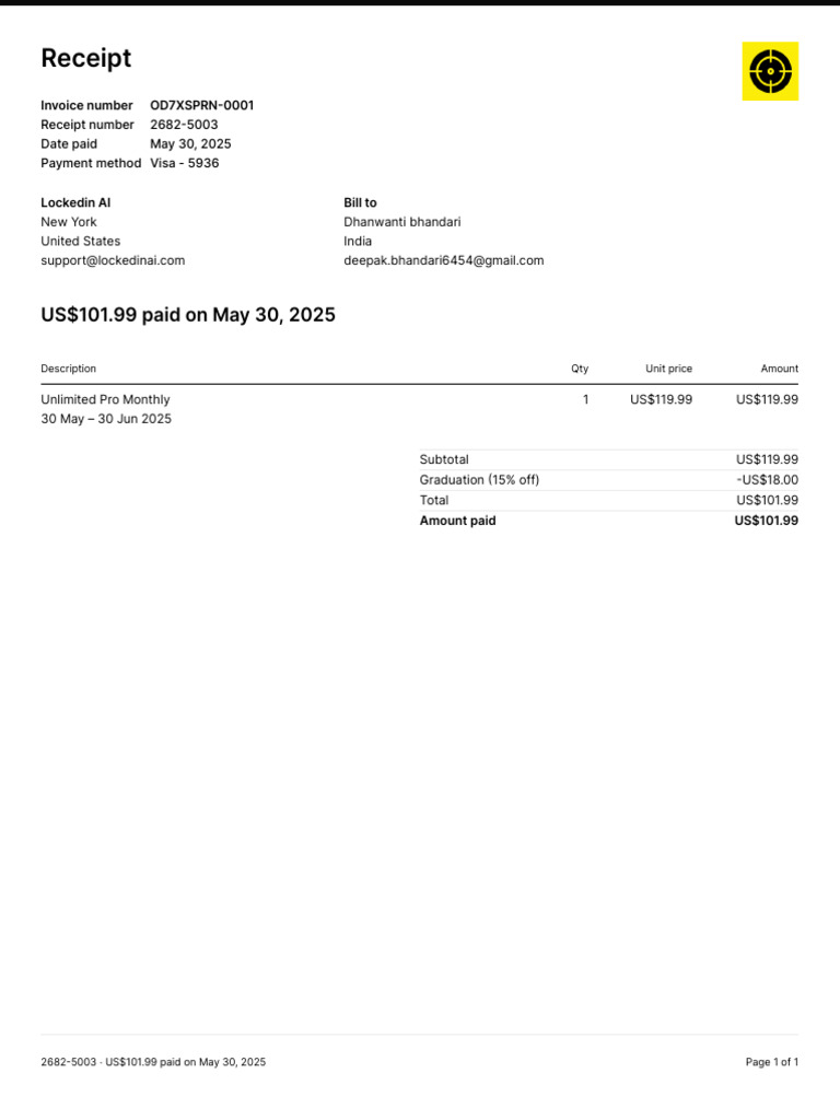 Receipt for Unlimited Pro Monthly Subscription | PDF