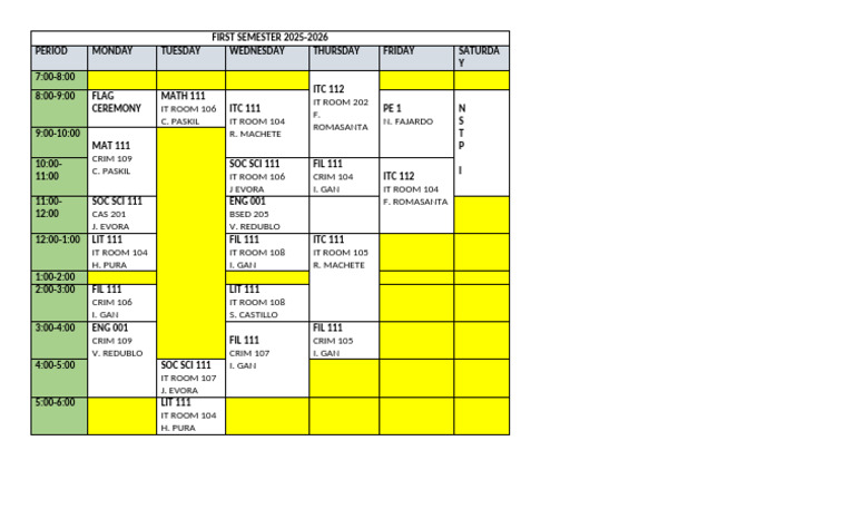 First Semester 2025-2026 Class Schedule | PDF