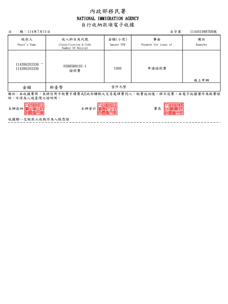 National Immigration Agency: Classification & Code Number of Receipt ...