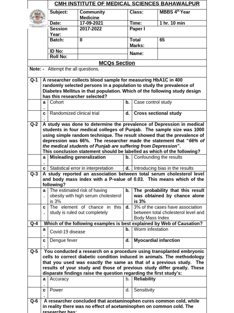 Community Medicine Exam Paper MBBS 4th Year | PDF | Clinical Medicine ...