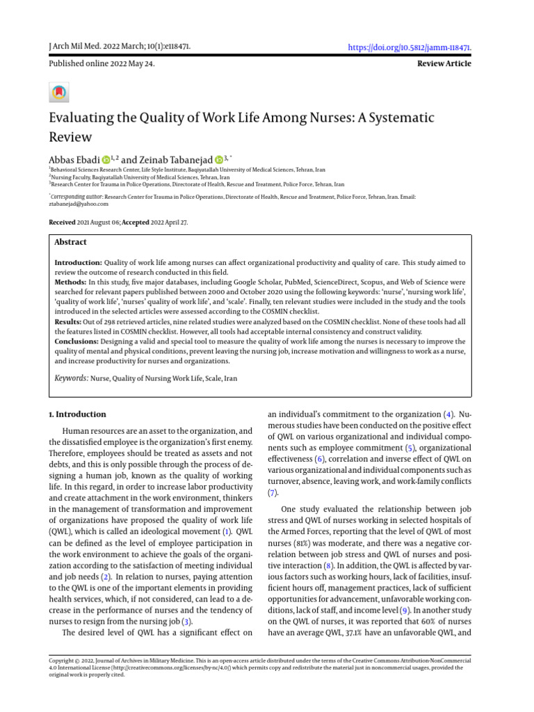 Evaluating The Quality of Work Life Among Nurses - A Systematic Review ...