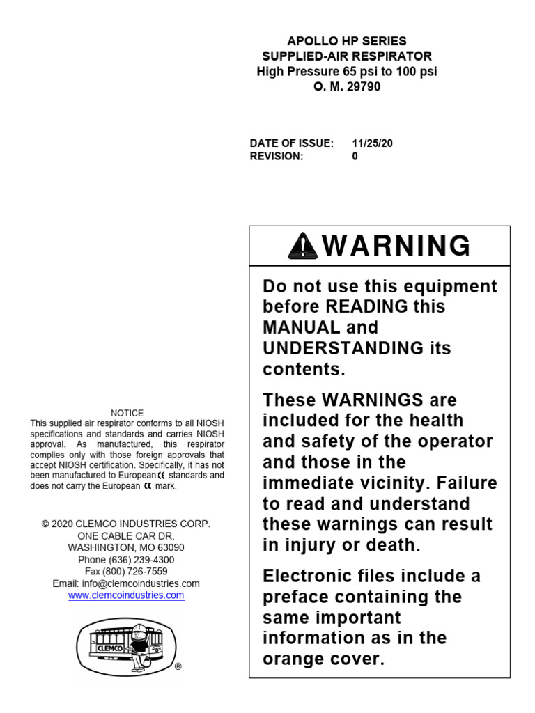 Apollo HP Series Supplied-Air Respirator Manual | PDF | Workplace ...