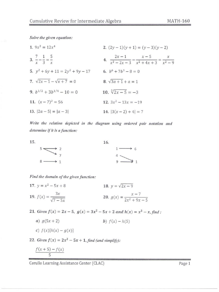 OTS MAT160 IntermAlgebraCumulativeReview | PDF