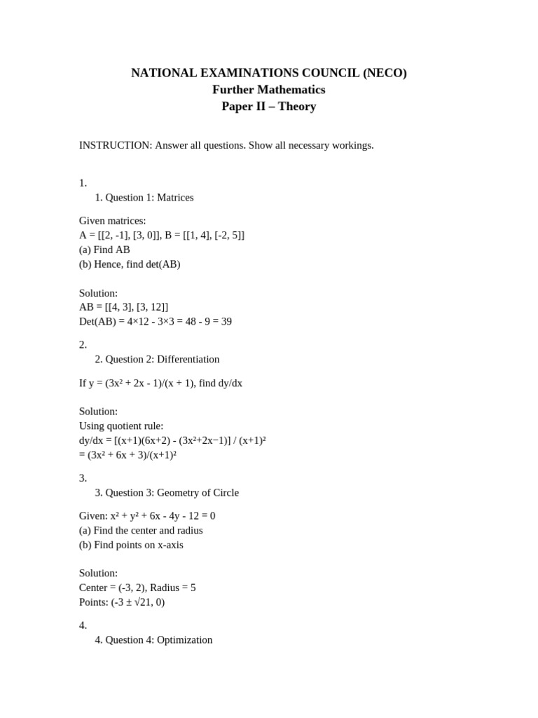 NECO Further Mathematics Solutions | PDF