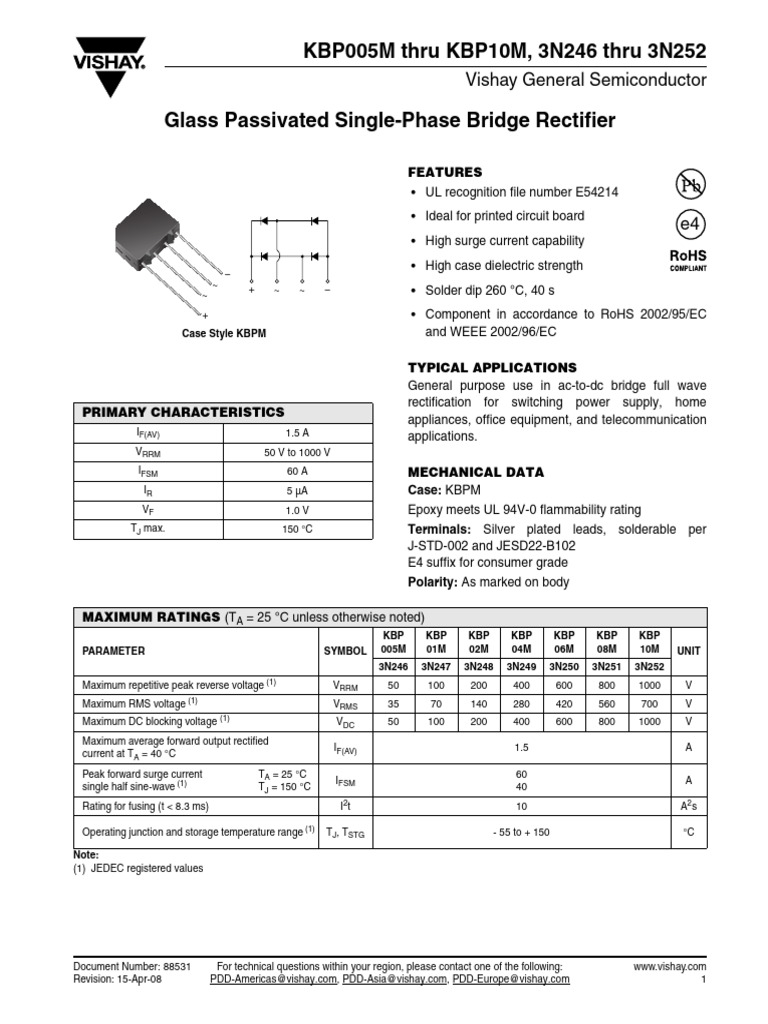 Bridge Rectifier Specifications KBP005M-10M | PDF | Rectifier | Power ...