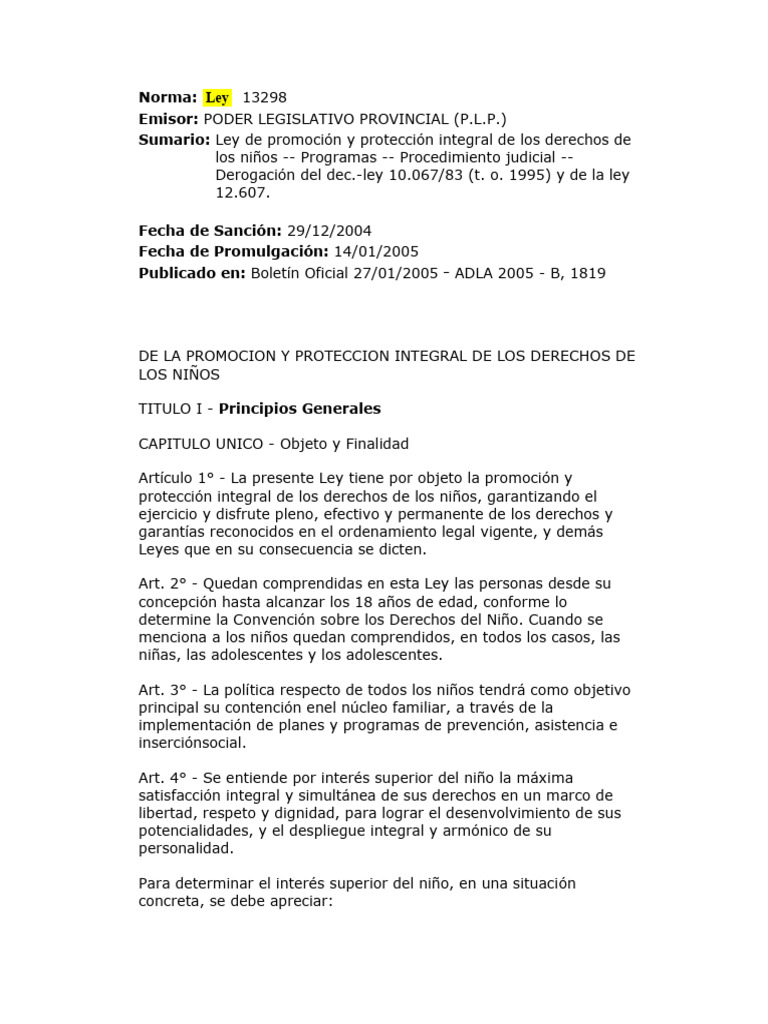 Ley 13298: Protección Integral de Niños | PDF | Derechos de los niños ...