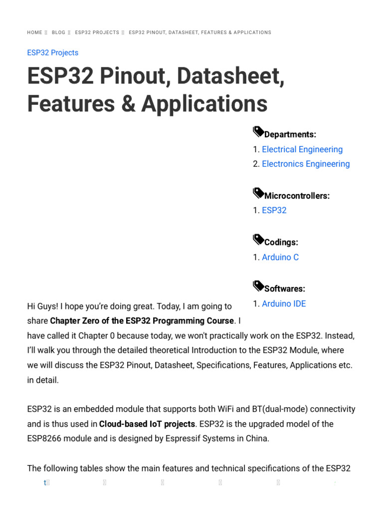Esp32devkitc Datasheet Pinout Features Applications Arduino Uno Esp32