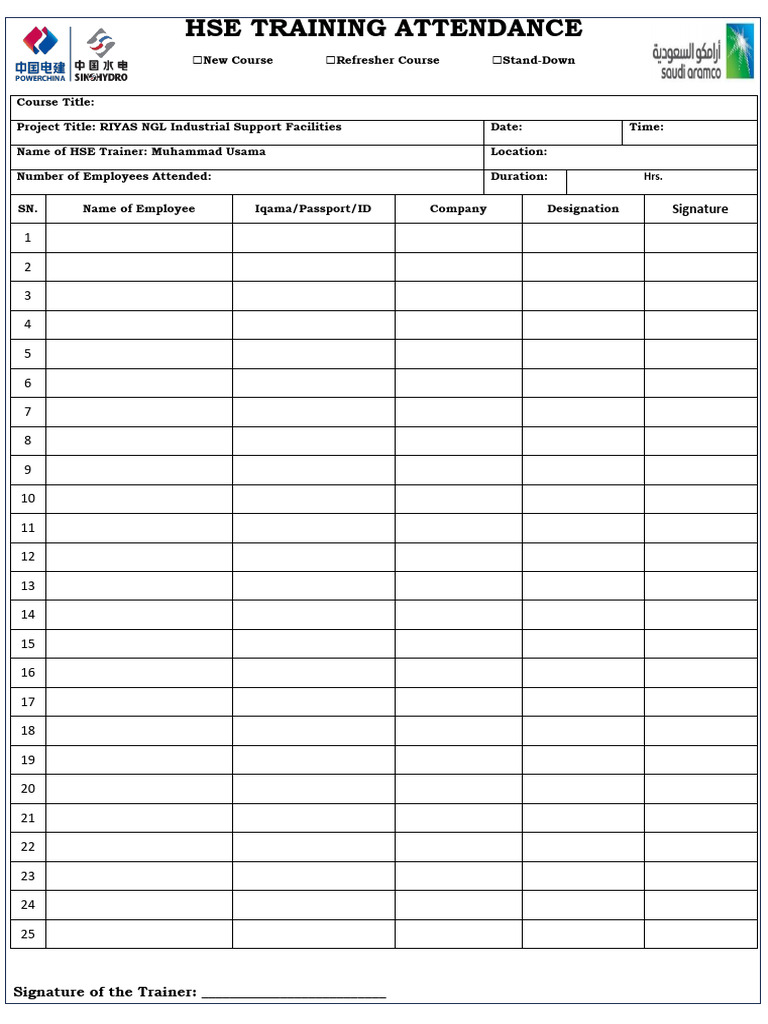HSE Training Attendance Register | PDF