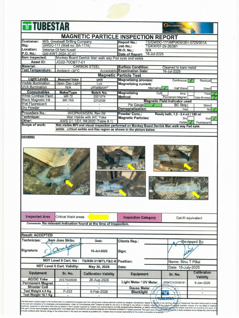 Monkey Board Inspection Tubestar 16-7-2025 | PDF