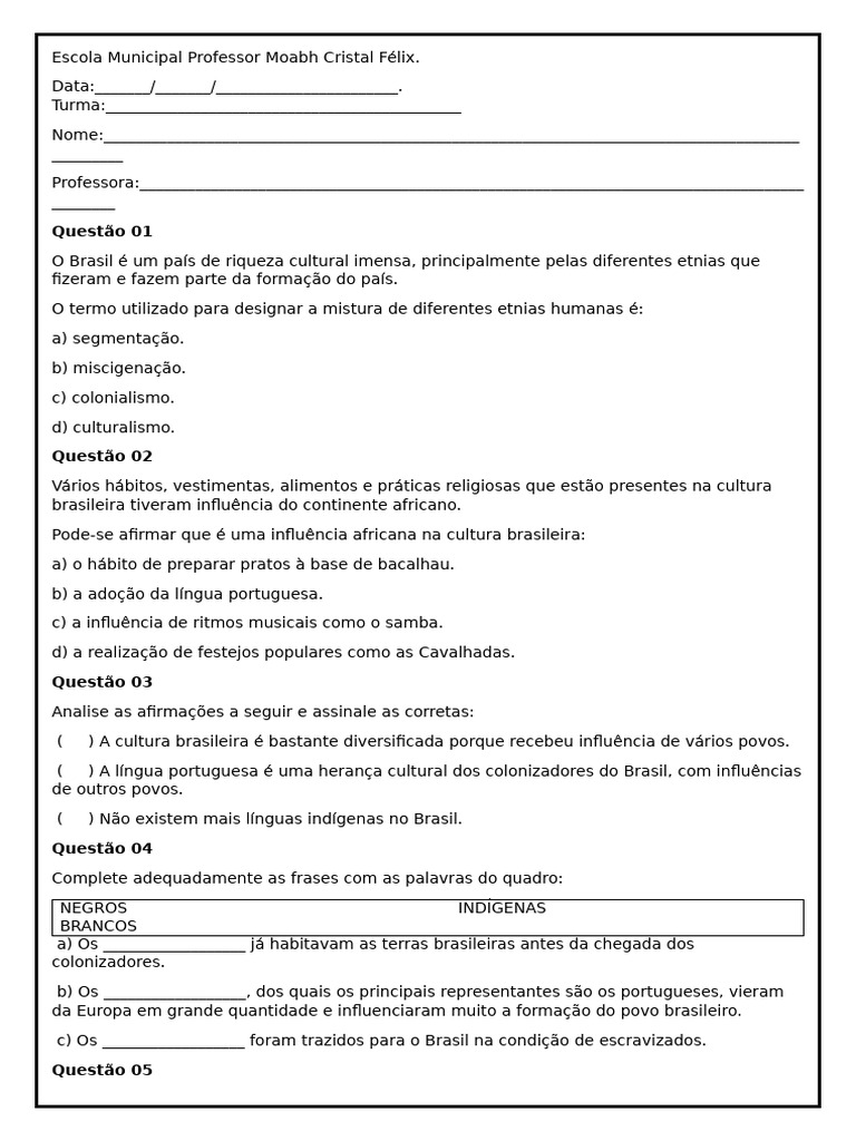 Atividades sobre Formação do Povo Brasileiro | PDF