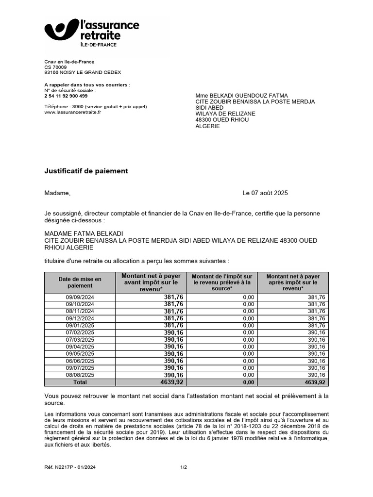 Justificatif de paiement retraite Cnav 2024 | PDF | Impôts | Impôt sur ...