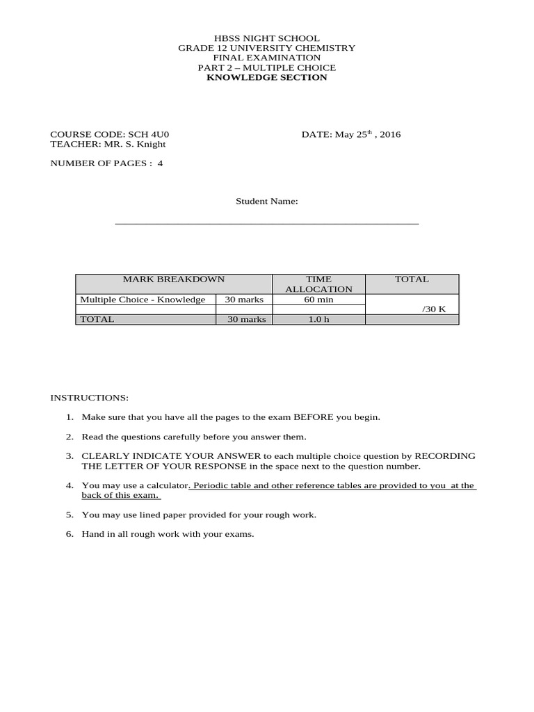Grade 12 Chemistry Final Exam MCQ | PDF | Chemical Equilibrium ...