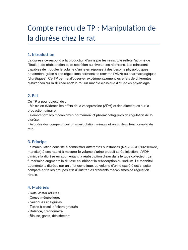 Effets des substances sur la diurèse chez le rat | PDF | Rein | Urine