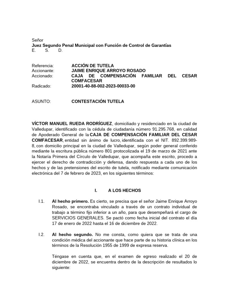 Contestacion Tutela - Jaime Arroyo | PDF | Derecho laboral | Caso de ley