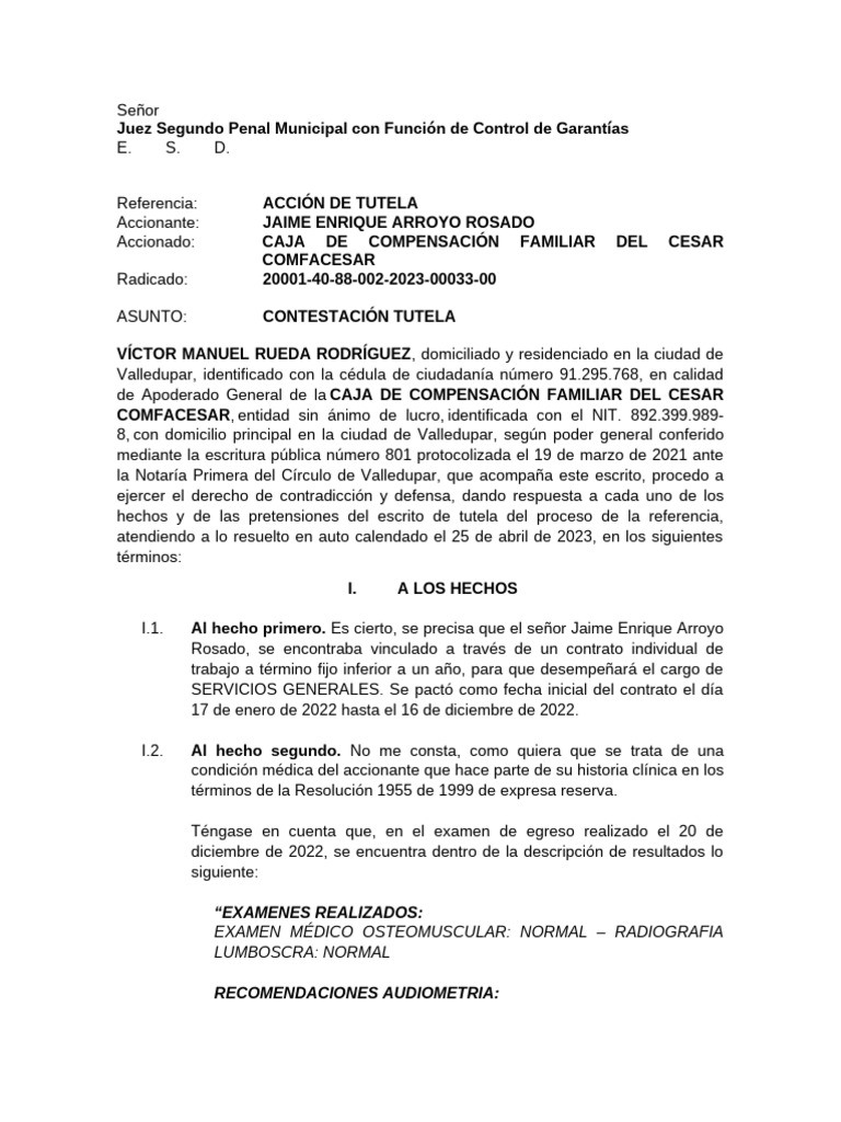 Contestación a Acción de Tutela Laboral | PDF | Derecho laboral ...