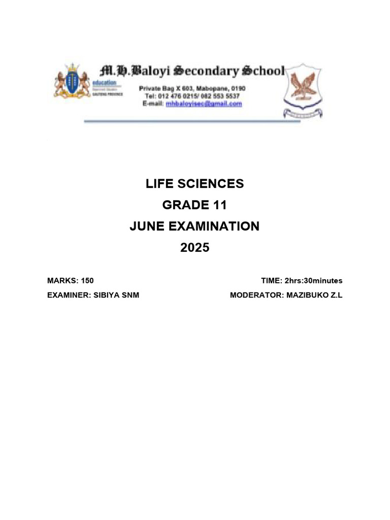 Grade 11 Life Sciences June Exam 2025 | PDF | Cellular Respiration ...