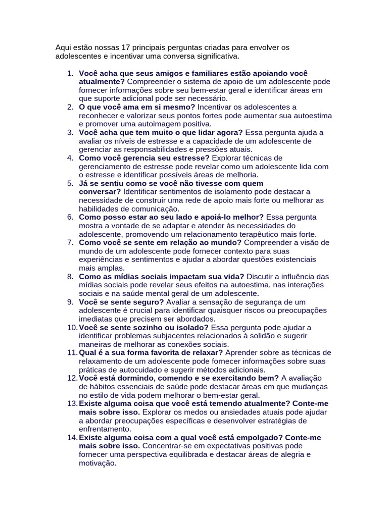Perguntas para Adolescentes em Terapia | PDF | Adolescência | Autoestima