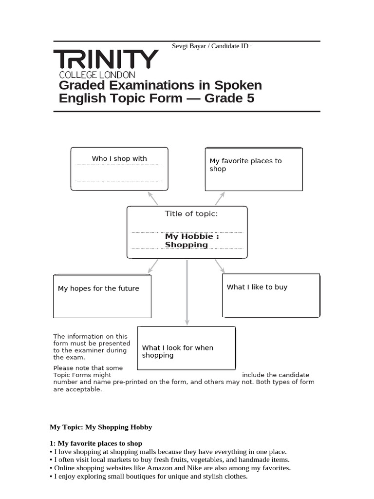 Grade 5 Shopping Hobby Topic Form | PDF | Retailing