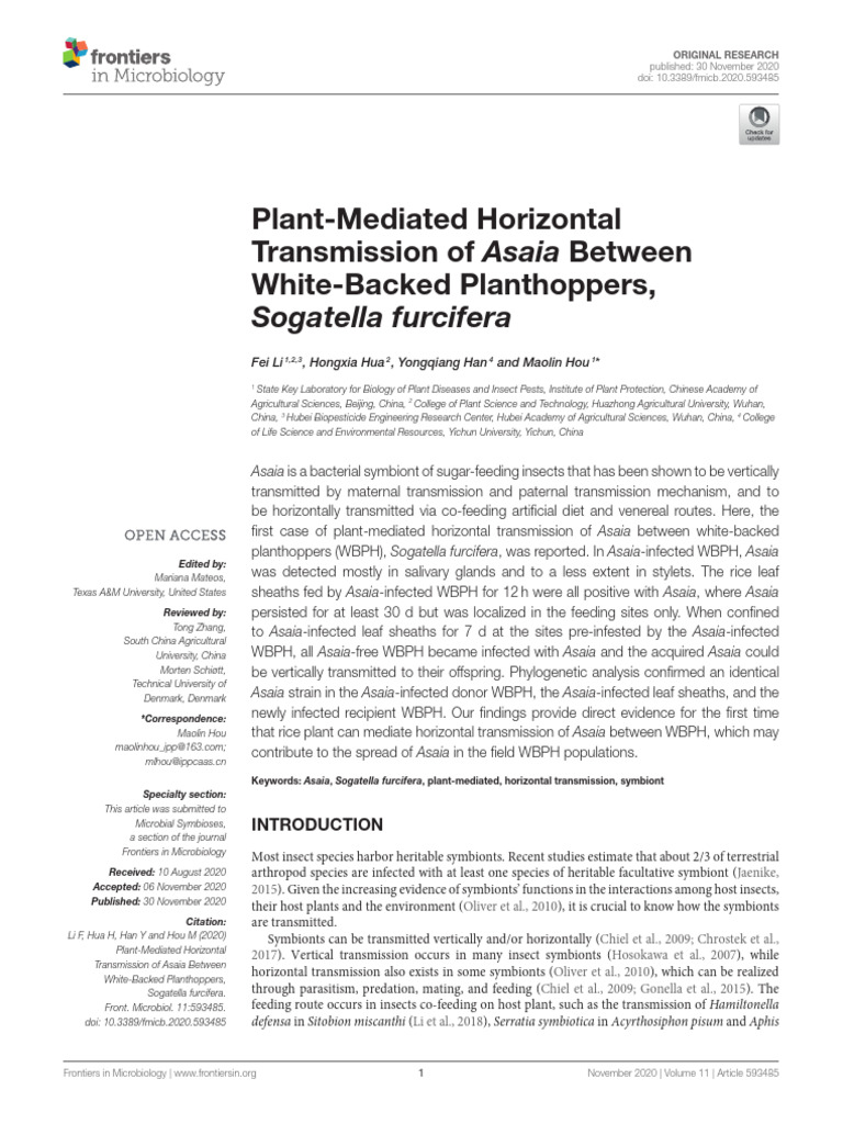 Li Et Al 2020 Plant-Mediated Horizontal Transmission of Asaia Between ...