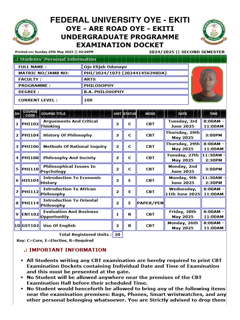 Federal University Oye Exam Docket 2024/2025 | PDF | Liberal Arts Education