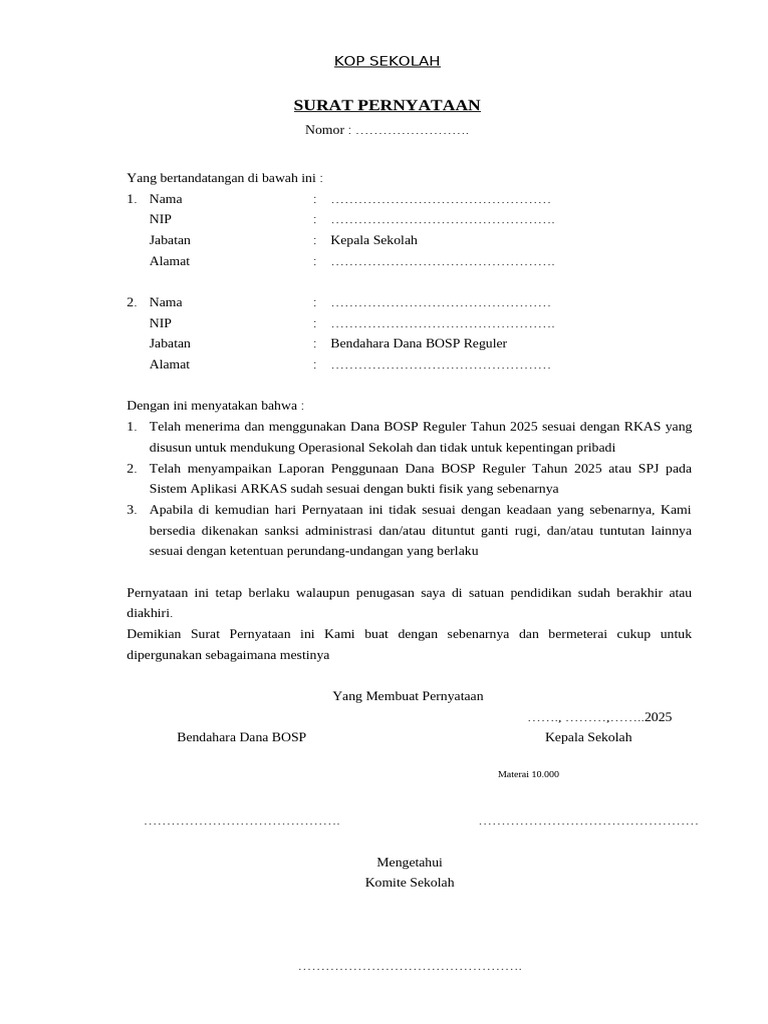Surat Pernyataan Dana BOSP 2025 | PDF