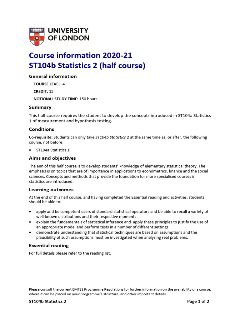ST104b Statistics 2 Course Overview | PDF | Variance | Regression Analysis