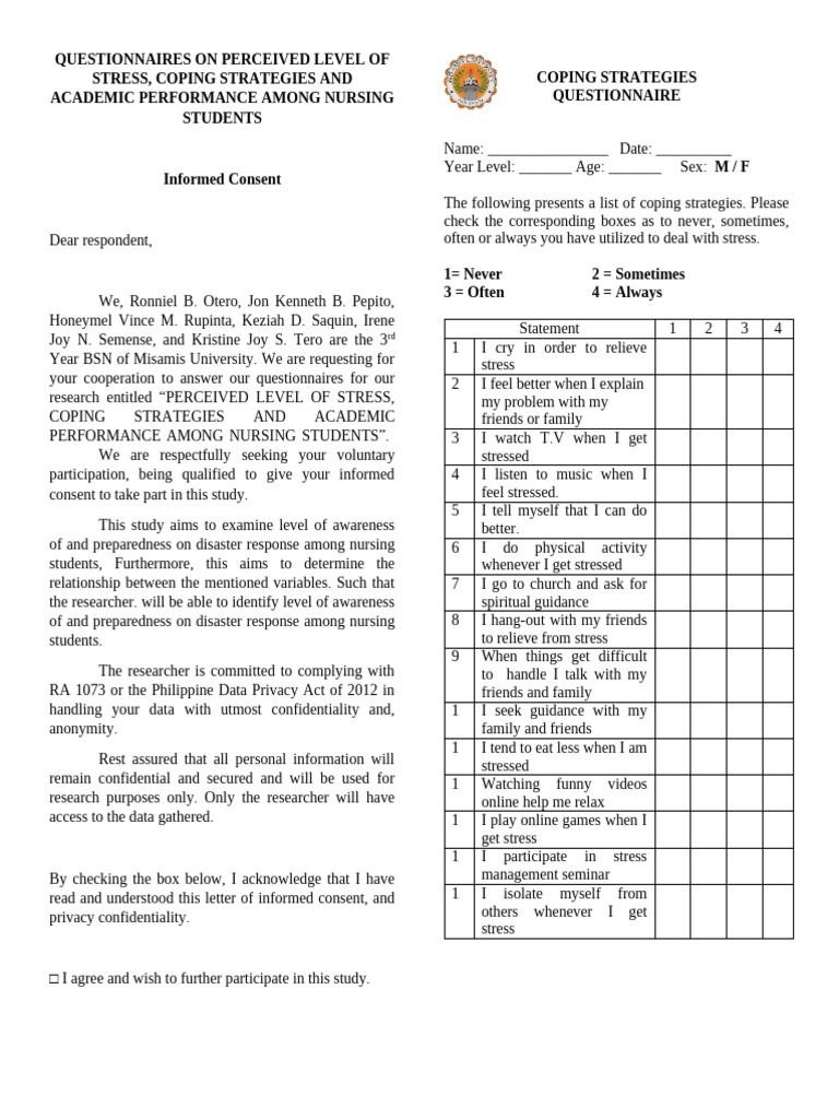 Final Survey Questionnaire On Both Stress and Coping | PDF | Psychology ...
