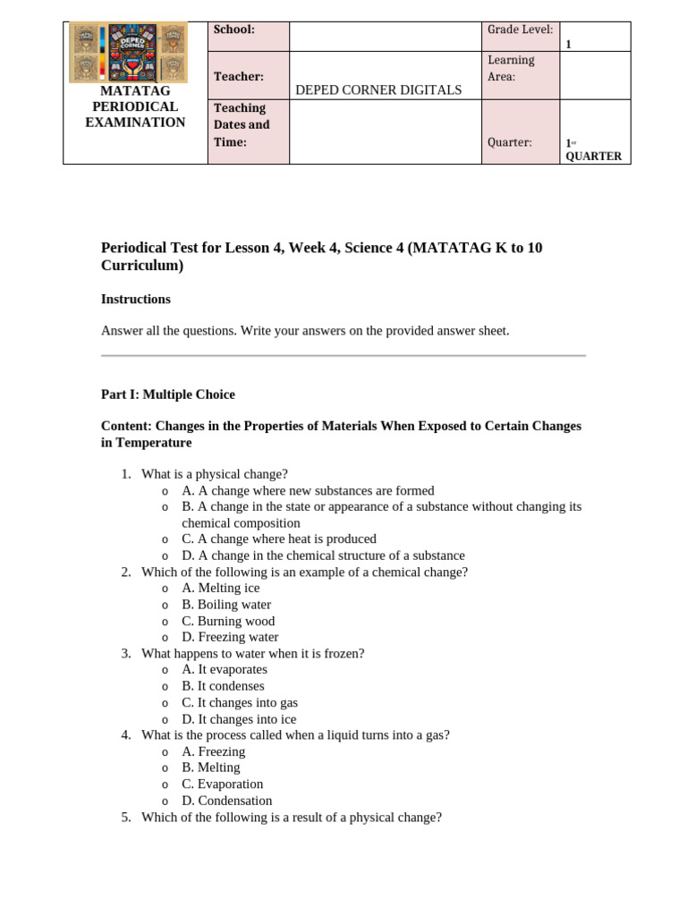 Science 4 Periodical Test: Material Changes | PDF | Water | Combustion