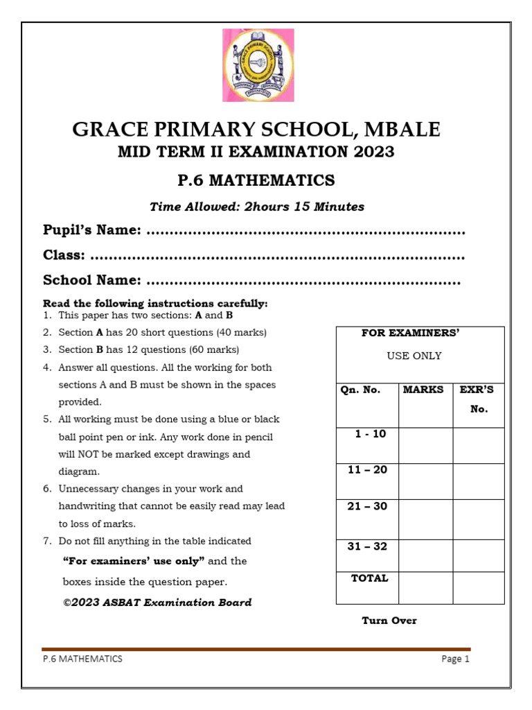 P.6 Mathematics Mid Term Exam 2023 | PDF | Mathematics