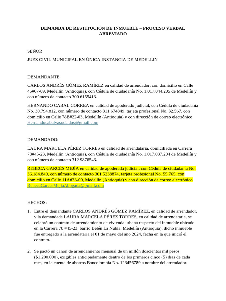 Demanda de Restitución por Mora Arrendamiento | PDF