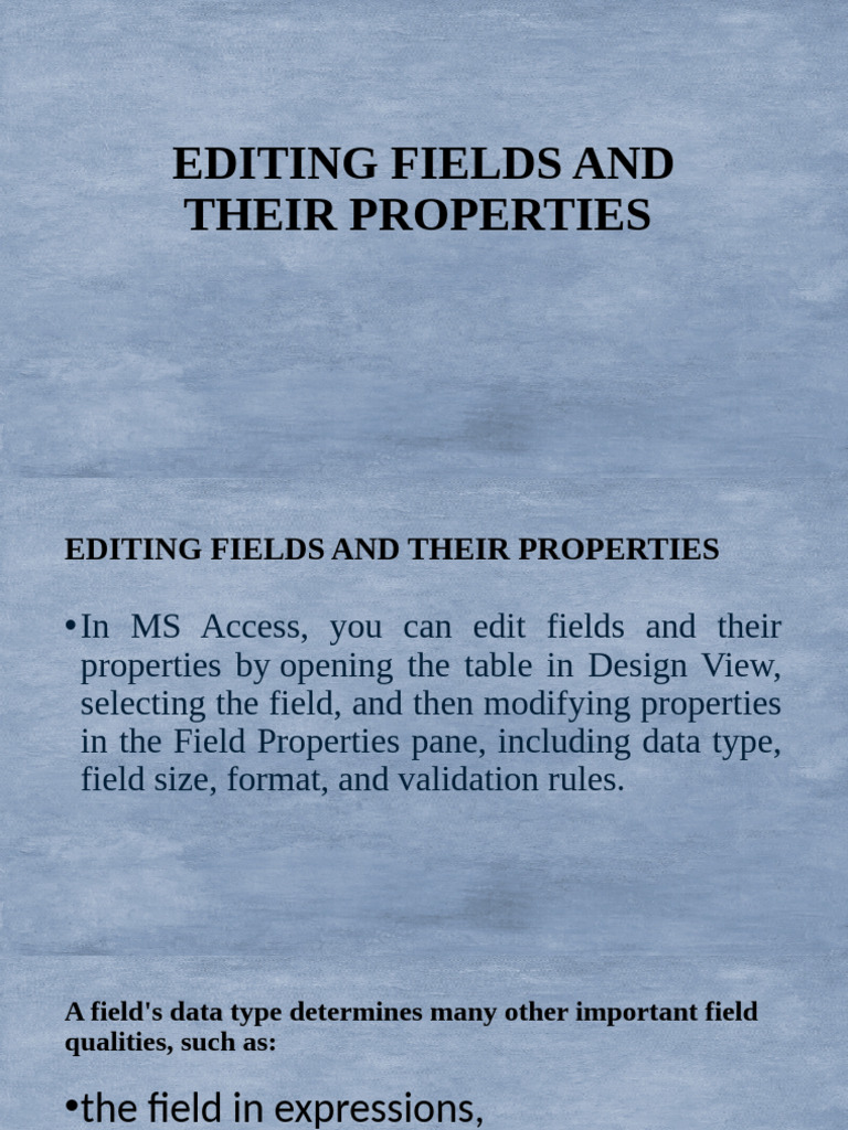Editing Fields and Their Properties | PDF | Data Type | Microsoft Excel