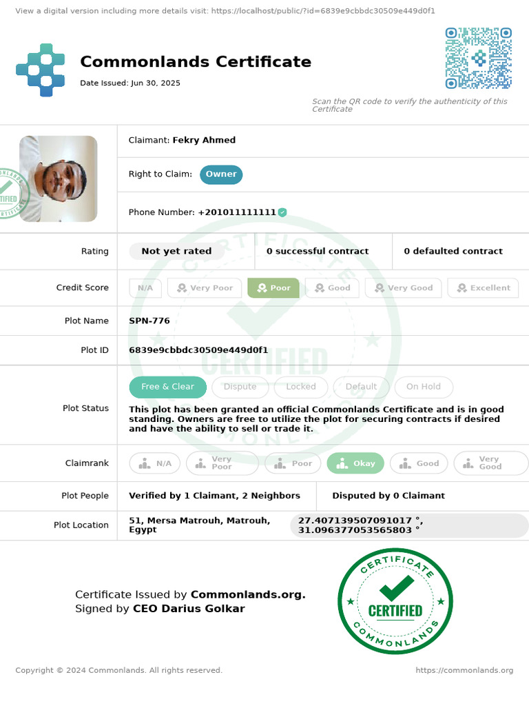 Commonlands Certificate for Plot SPN-776 | PDF