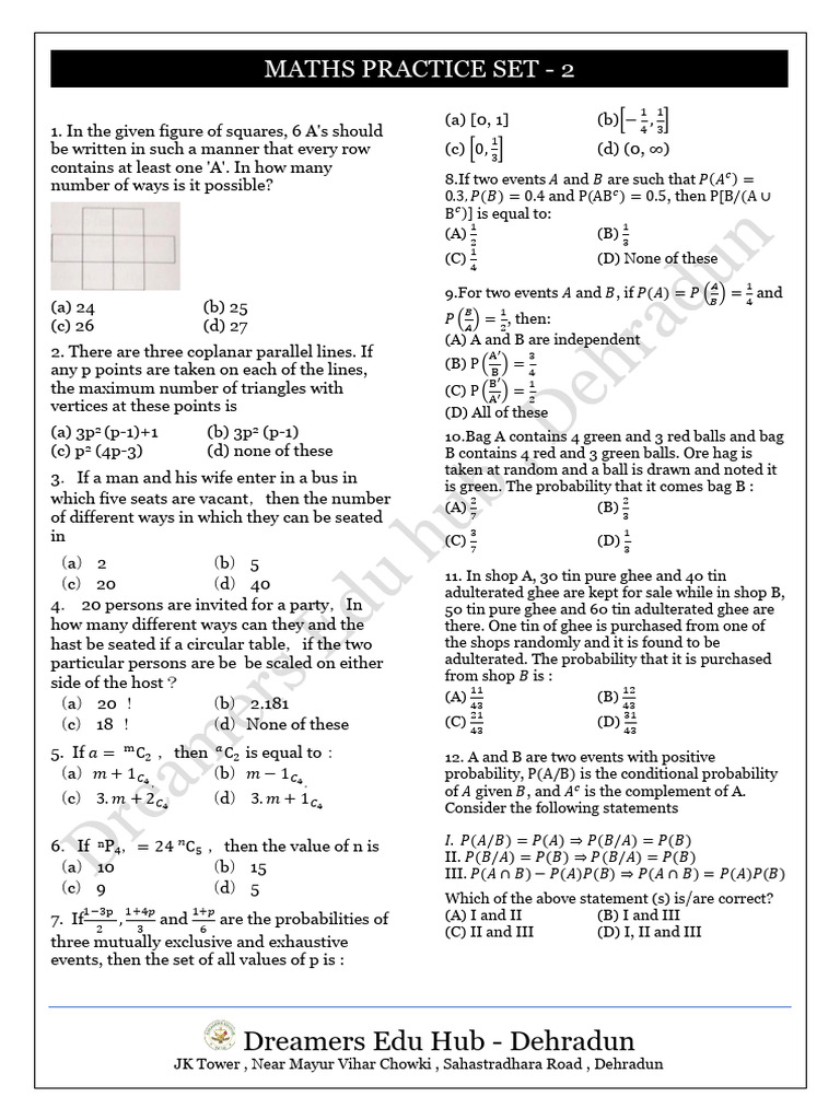 Maths Practice Set 2 - Dehradun | PDF | Variance | Standard Deviation