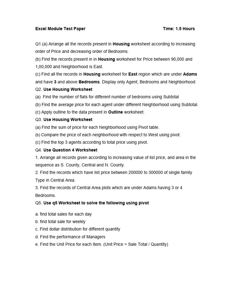 Excel Housing Data Analysis Test | PDF