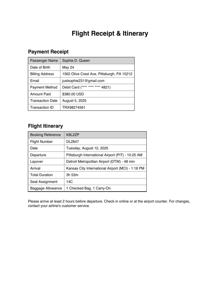 Flight Itinerary and Payment Receipt | PDF