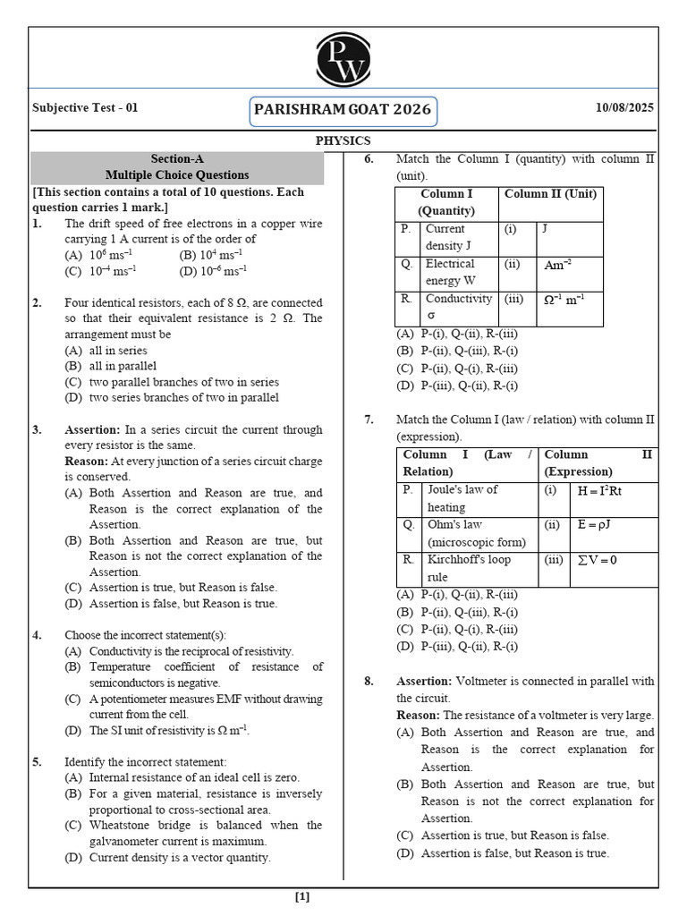 Parishram Goat Physics Test 2026 | PDF | Electric Current | Electrical ...